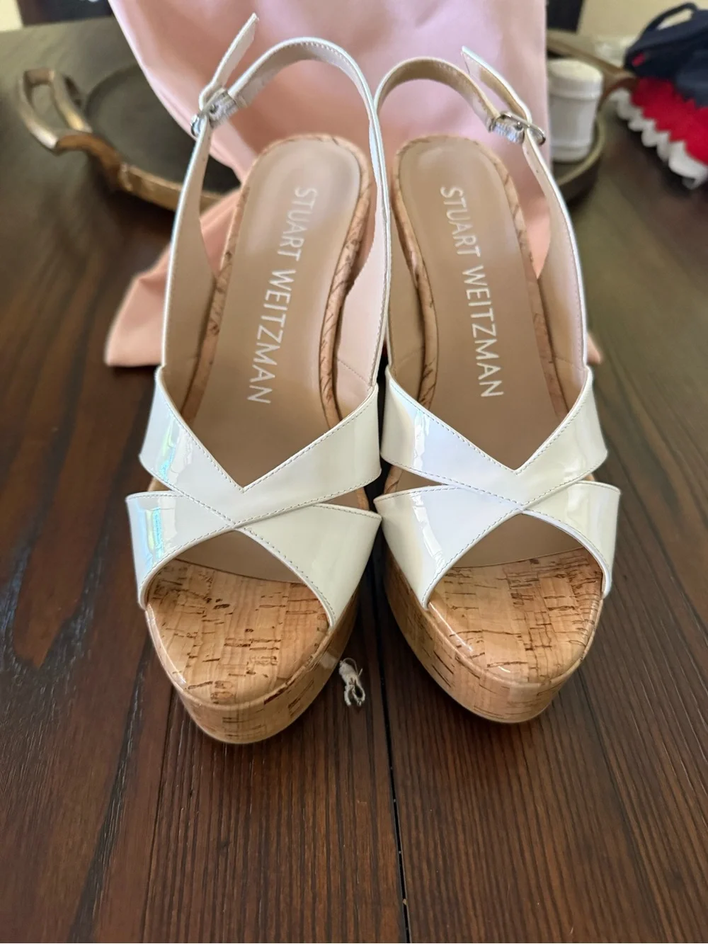 Stuart Weitzman White Patent Leather Carmen Wedge Sandals - Picture 5 of 11
